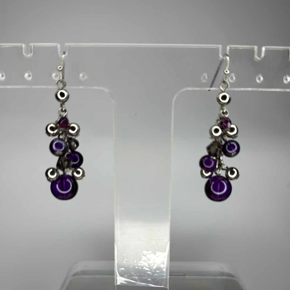 Purple and Silver Cluster Drop Earrings